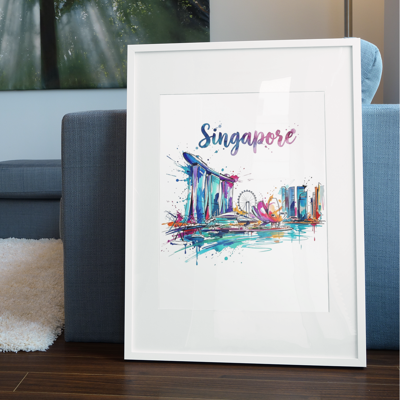 Framed Singapore skyline art print in white frame, colorful splash buildings on display