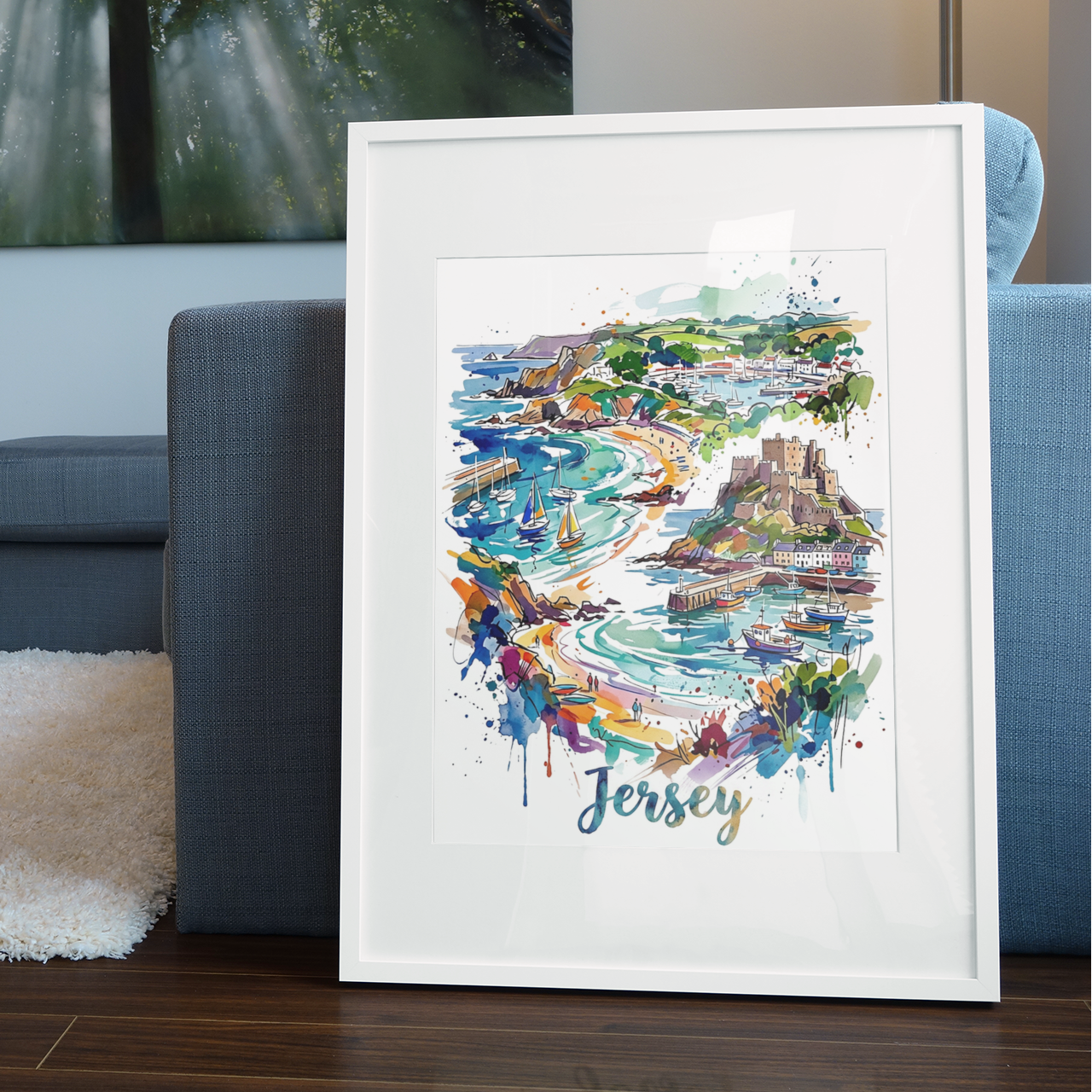Framed watercolor coastal harbor and castle illustration print, white frame.