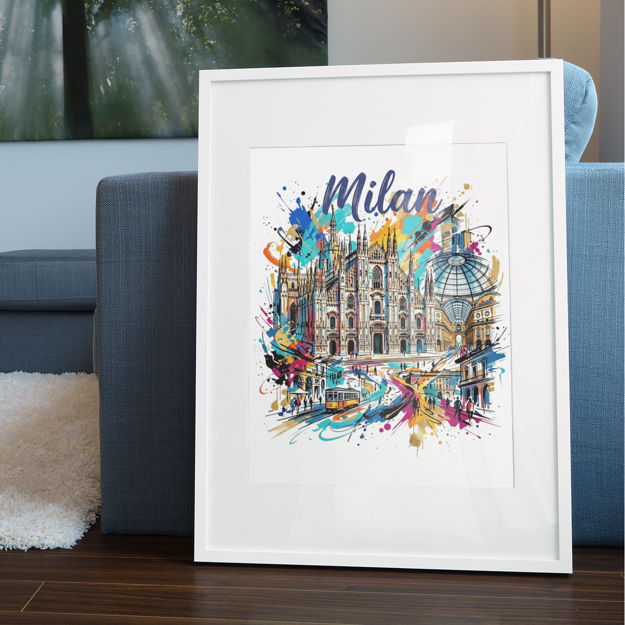 Framed Milan cityscape art print with Duomo illustration in bright splash colors