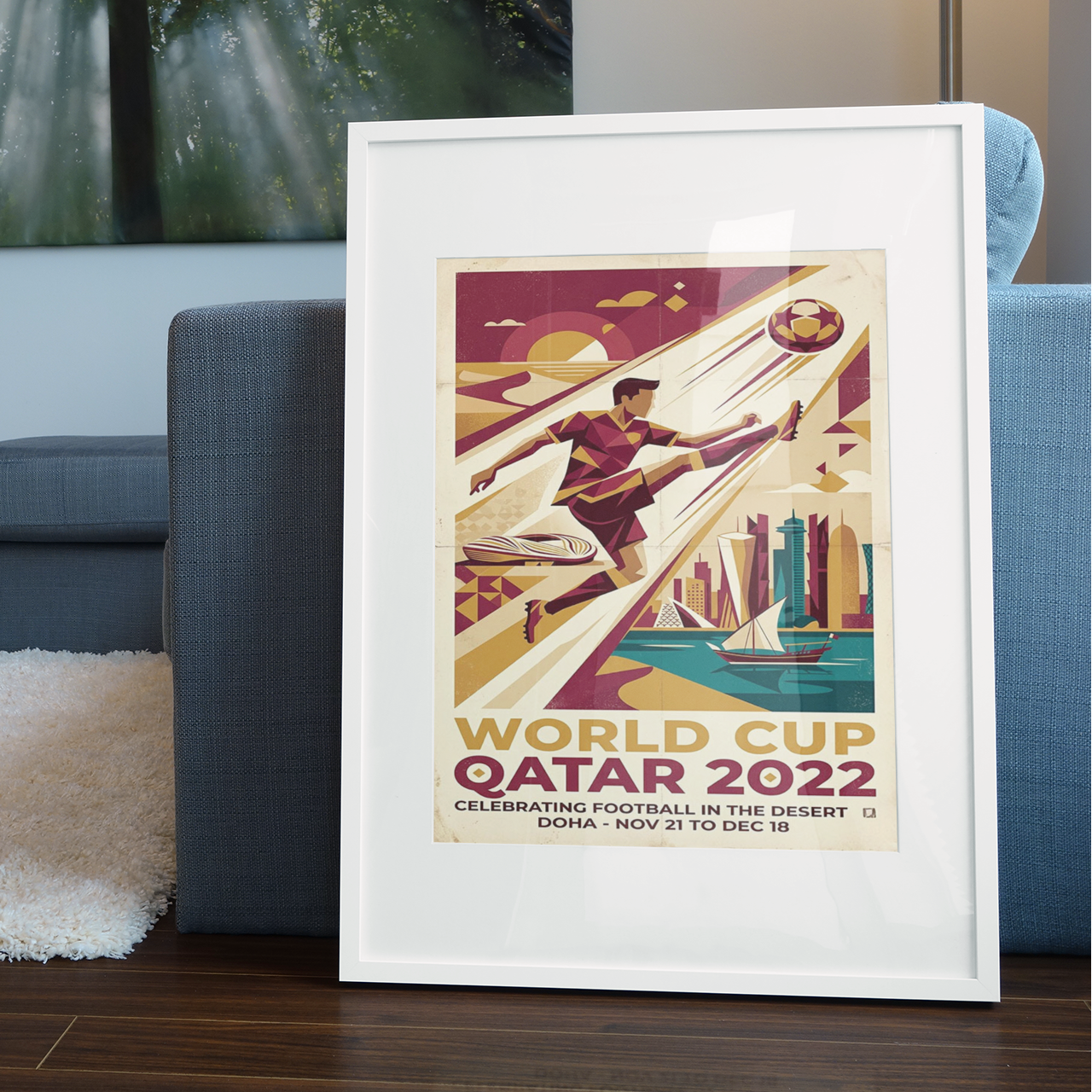 Qatar 2022 Retro Football Art Print – Doha Skyline & Abstract Player
