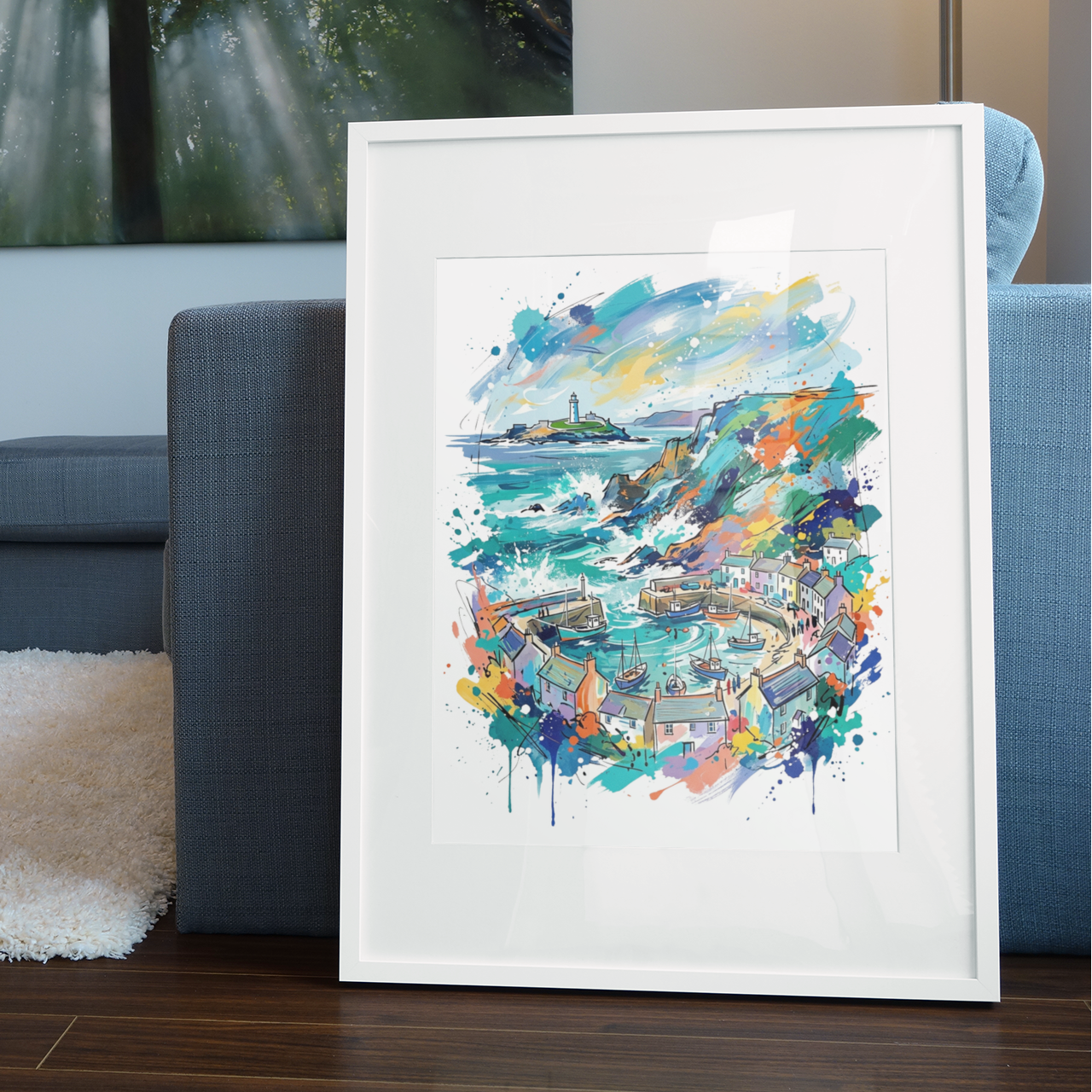 Cornwall Harbour Art Print – Expressive Colourful Coastal Landscape | Bella Leaf Studio