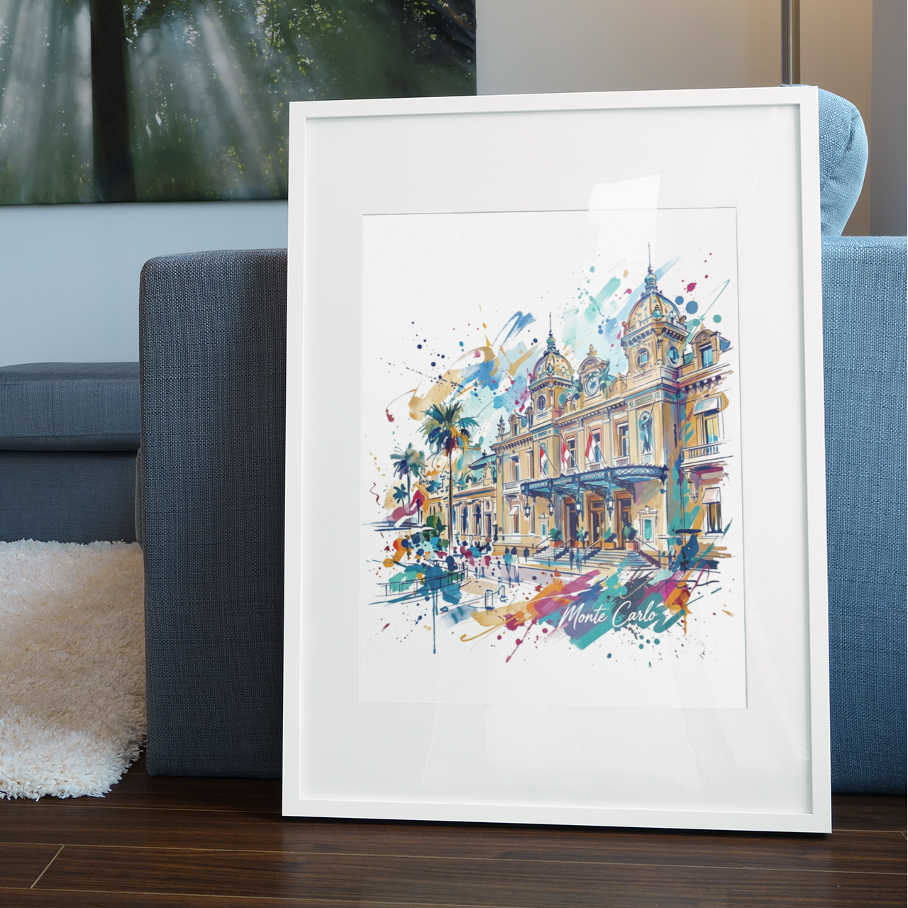 Framed Monte Carlo casino architecture art print with watercolor splatter and palm-lined street