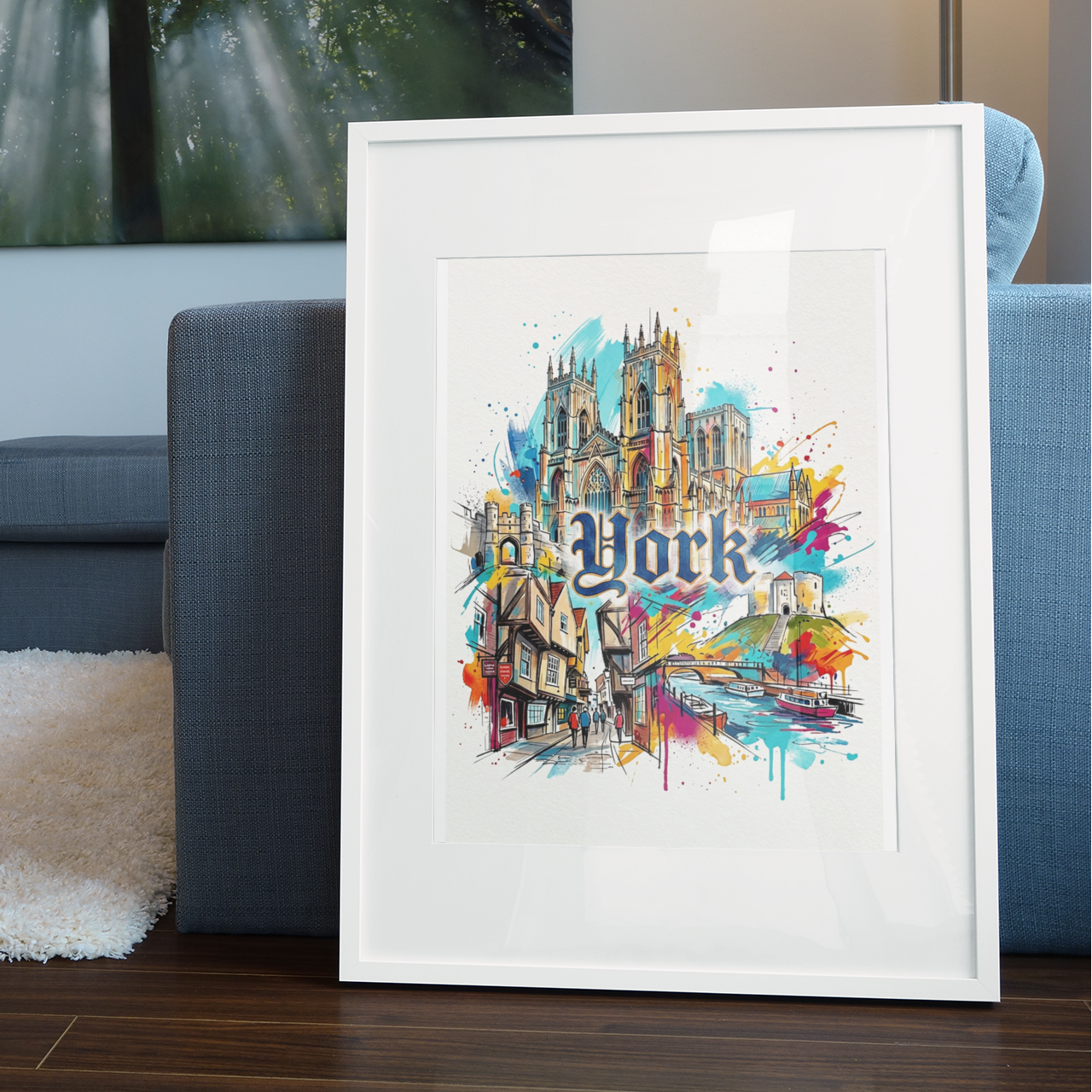 Framed York street and cathedral art print in white frame with splatter colors