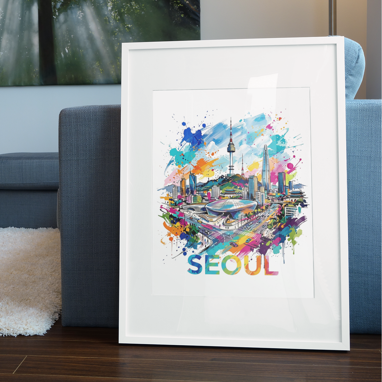 Framed Seoul colorsplash art print with colorful skyline, splatter accents, and “SEOUL” text