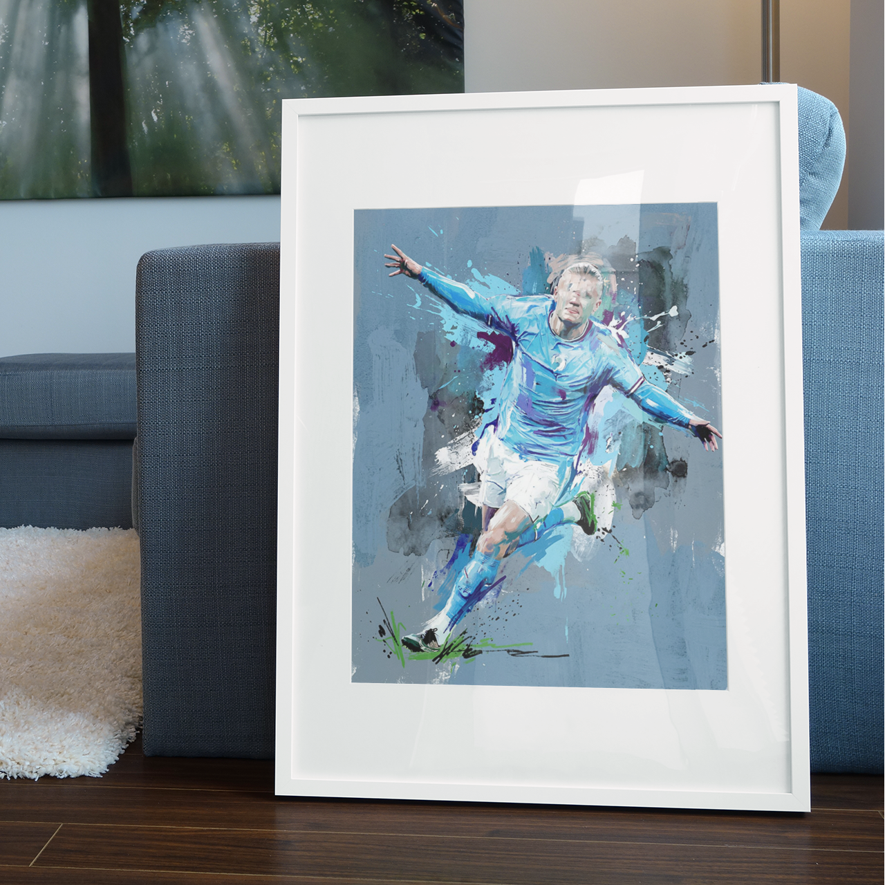 Expressive Sky‑Blue Football Celebration Art Print – Dynamic Abstract Sports Artwork