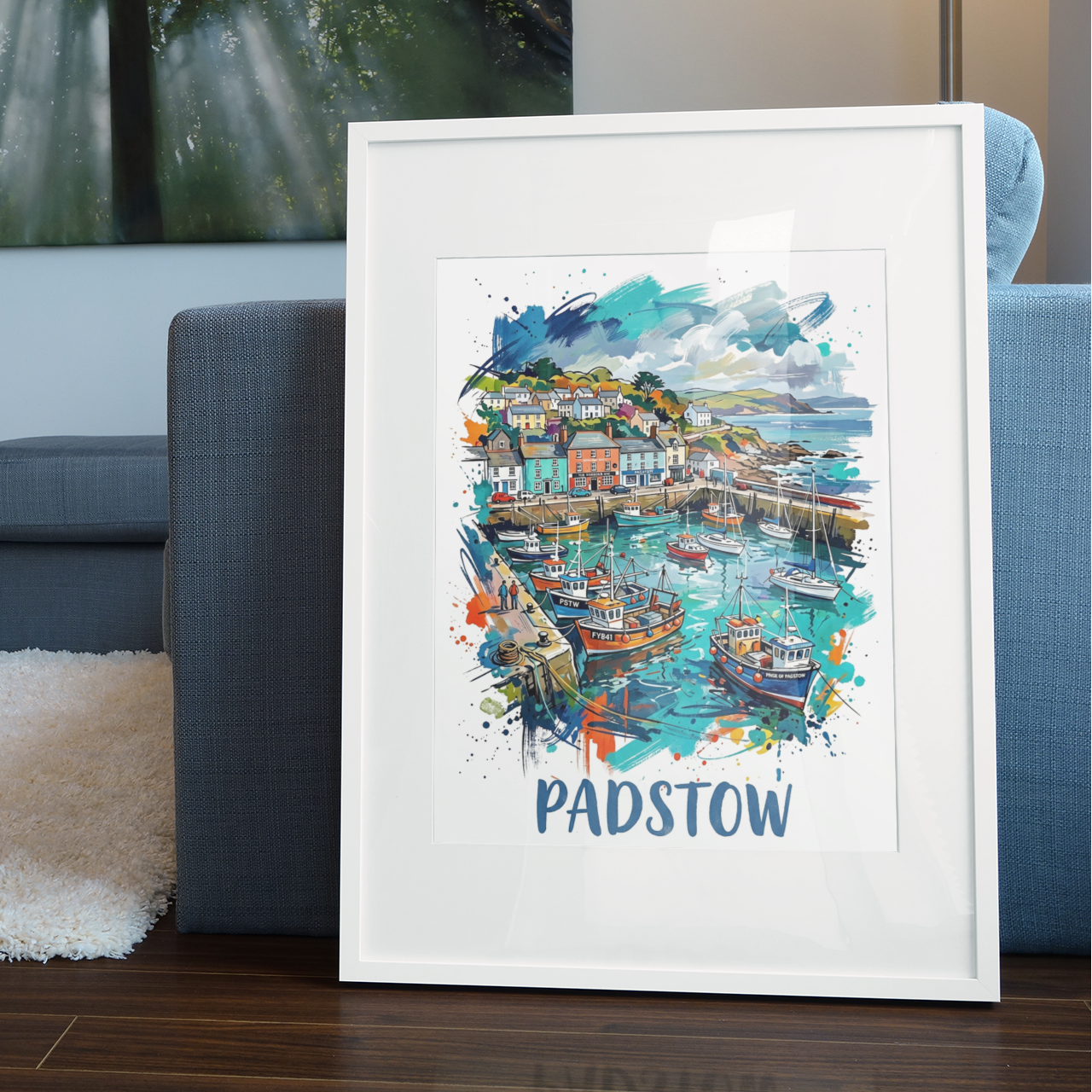 Framed Padstow travel print wall art with harbor boats, teal sky, and blue PADSTOW text