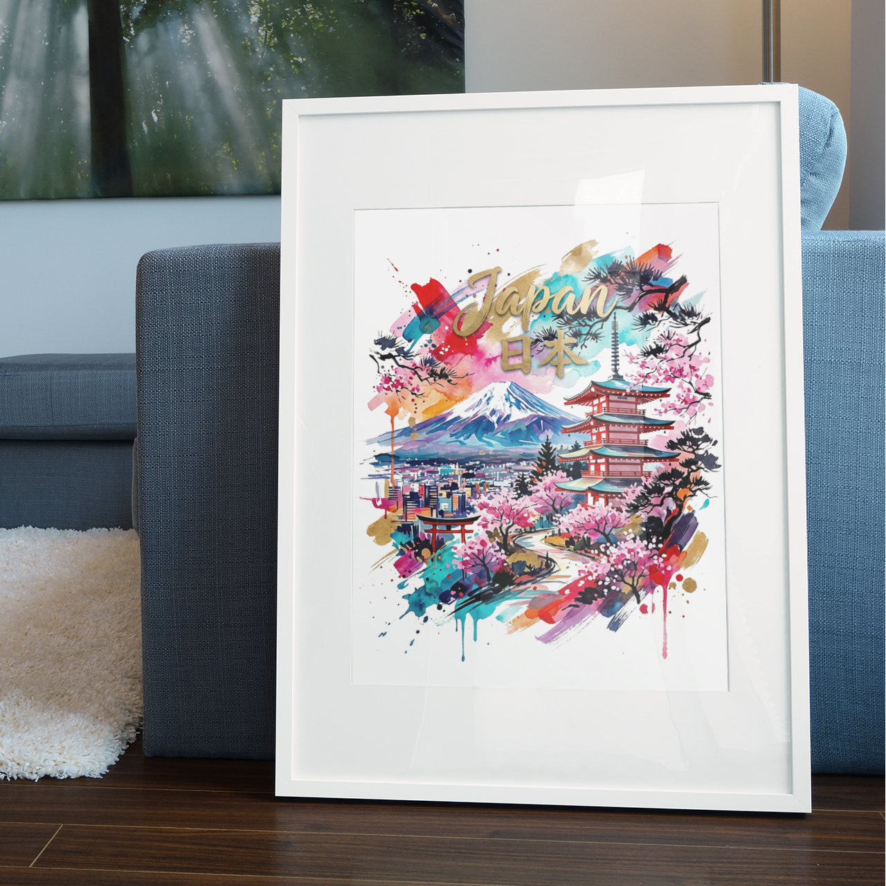 White-framed colorful art print with Mount Fuji, pagoda, cherry blossoms, and splashes