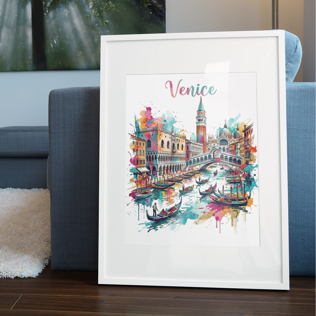 Framed Venice canal art print with colorful gondolas and bridge, white frame and white mat