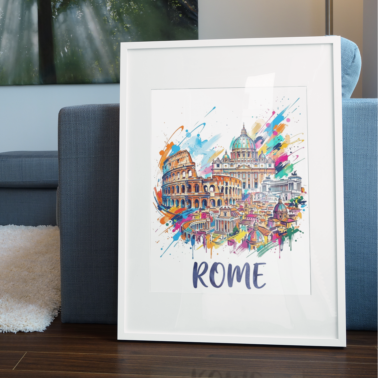 Framed Rome watercolor splash art print with colorful landmarks and 'ROME' text