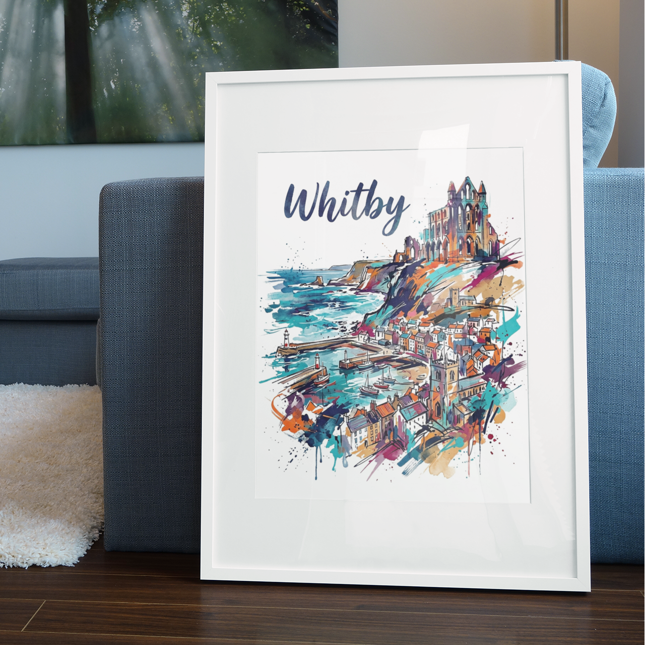 White-framed coastal town art print with boats, harbor water, and colorful church artwork