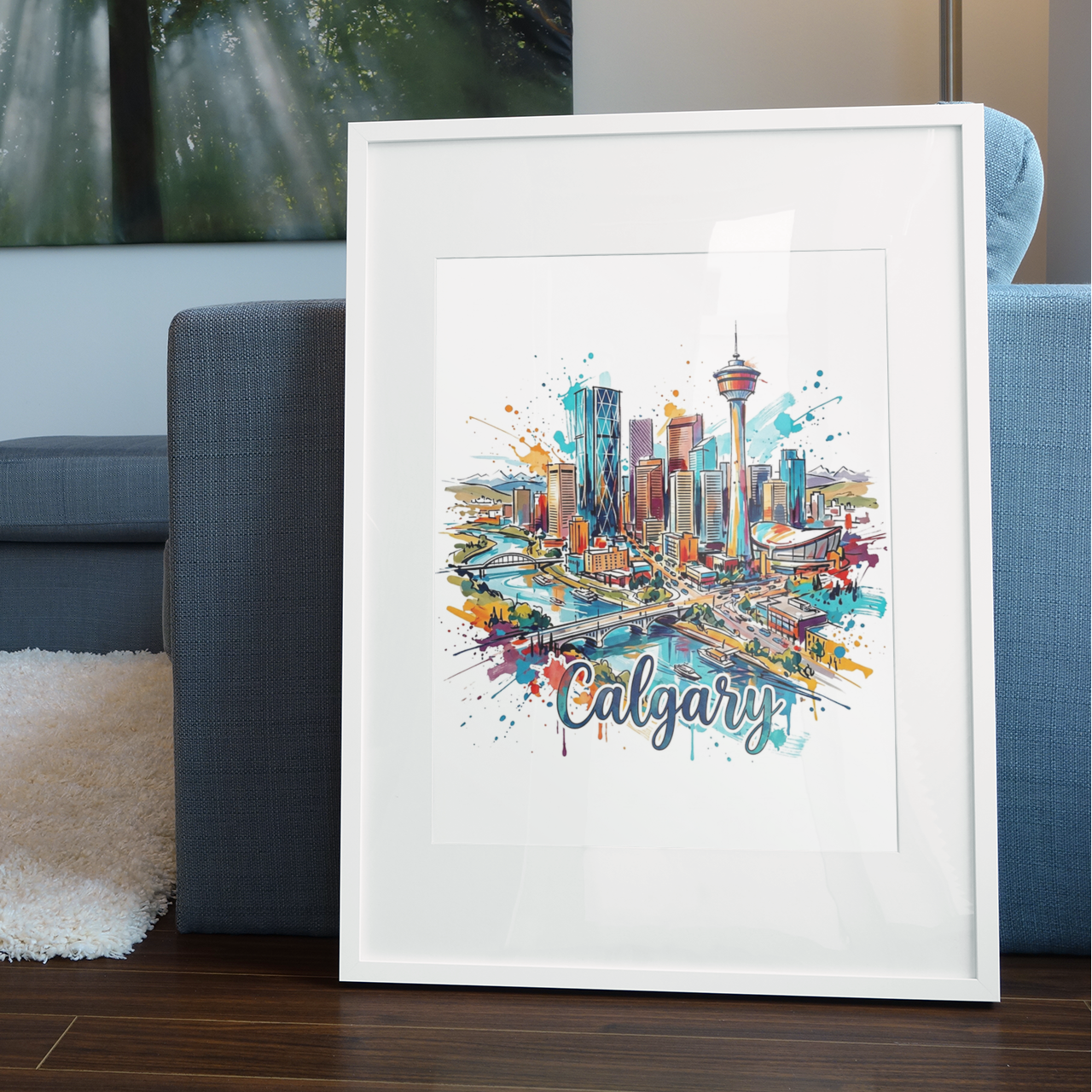 White-framed cityscape art print with colorful skyline, river bridge, and Calgary tower