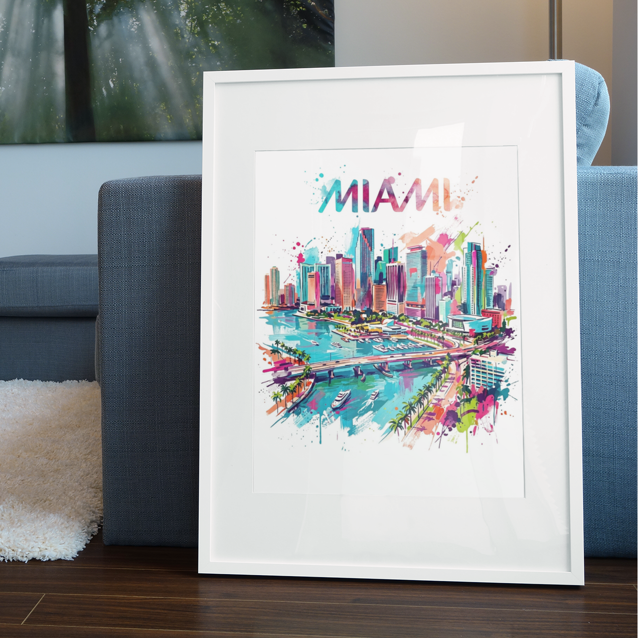 White-framed Miami skyline art print with colorful letters, palm trees, and vivid waterway.