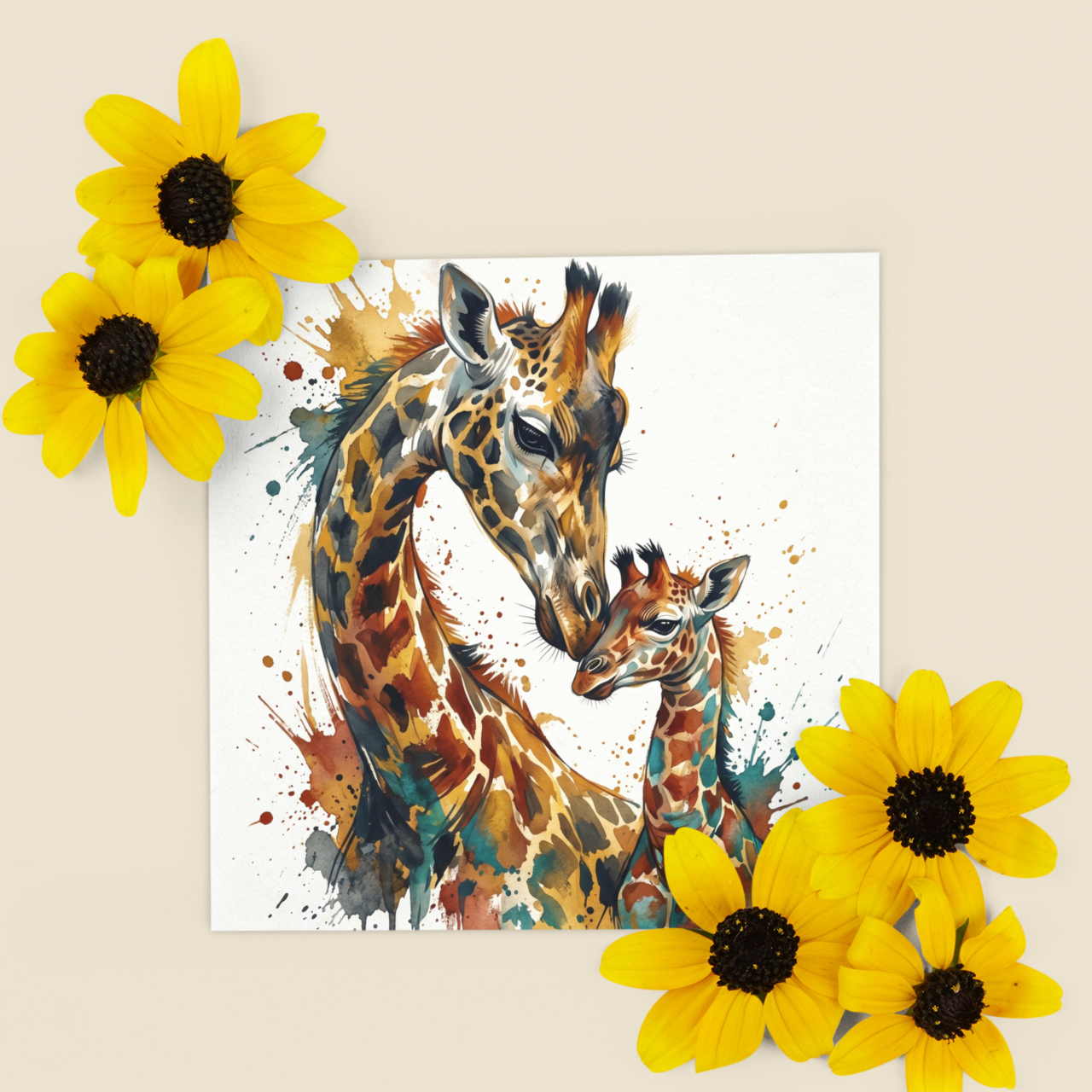 Giraffe & Calf – Fine Art Greeting Card (6×6)