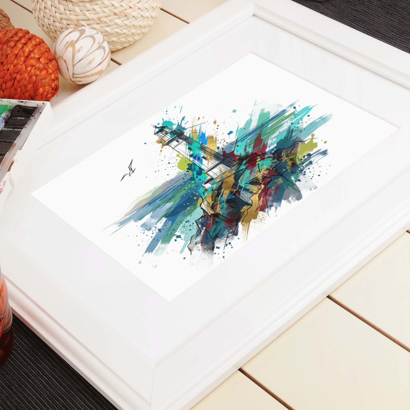 Linework Lighthouse Coloursplash Coastal Print – Modern Nautical Wall Art