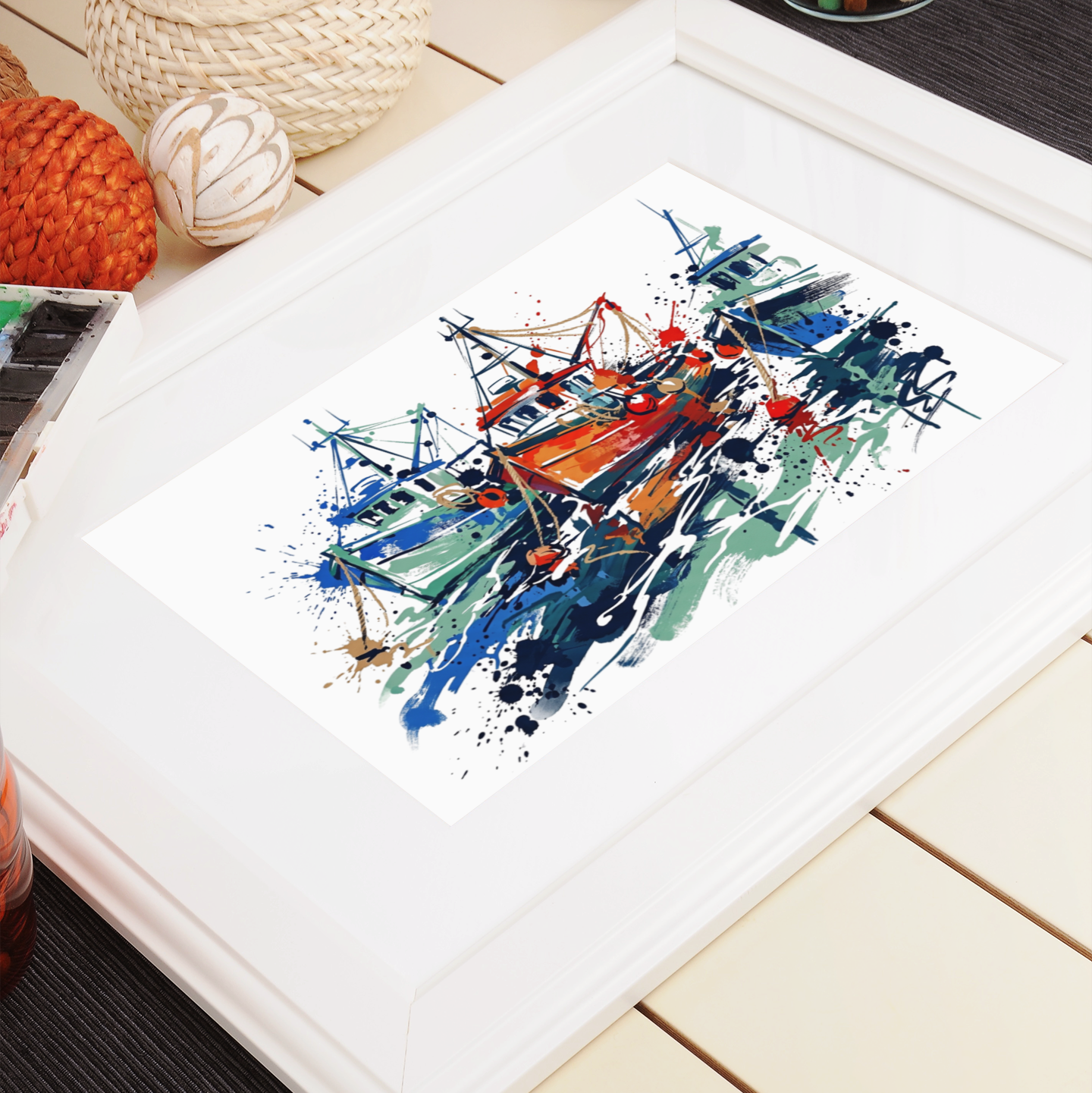 Docked Fishing Boats Coloursplash Coastal Print – Modern Nautical Wall Art