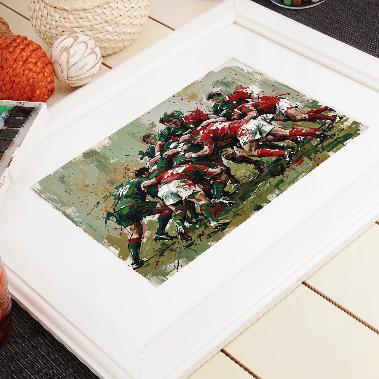 Leicester Tigers Inspired Scrum Art Print – Dynamic Green & Red Expressive Sports Artwork