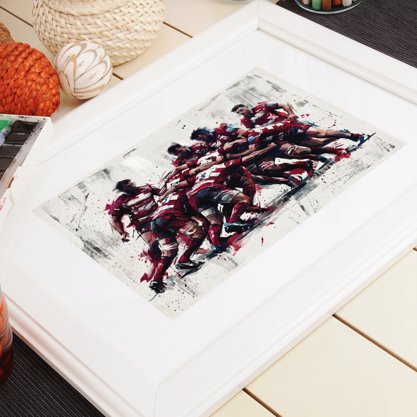 Gloucester Rugby Inspired Scrum Art Print – Dynamic Red & White Expressive Sports Artwork