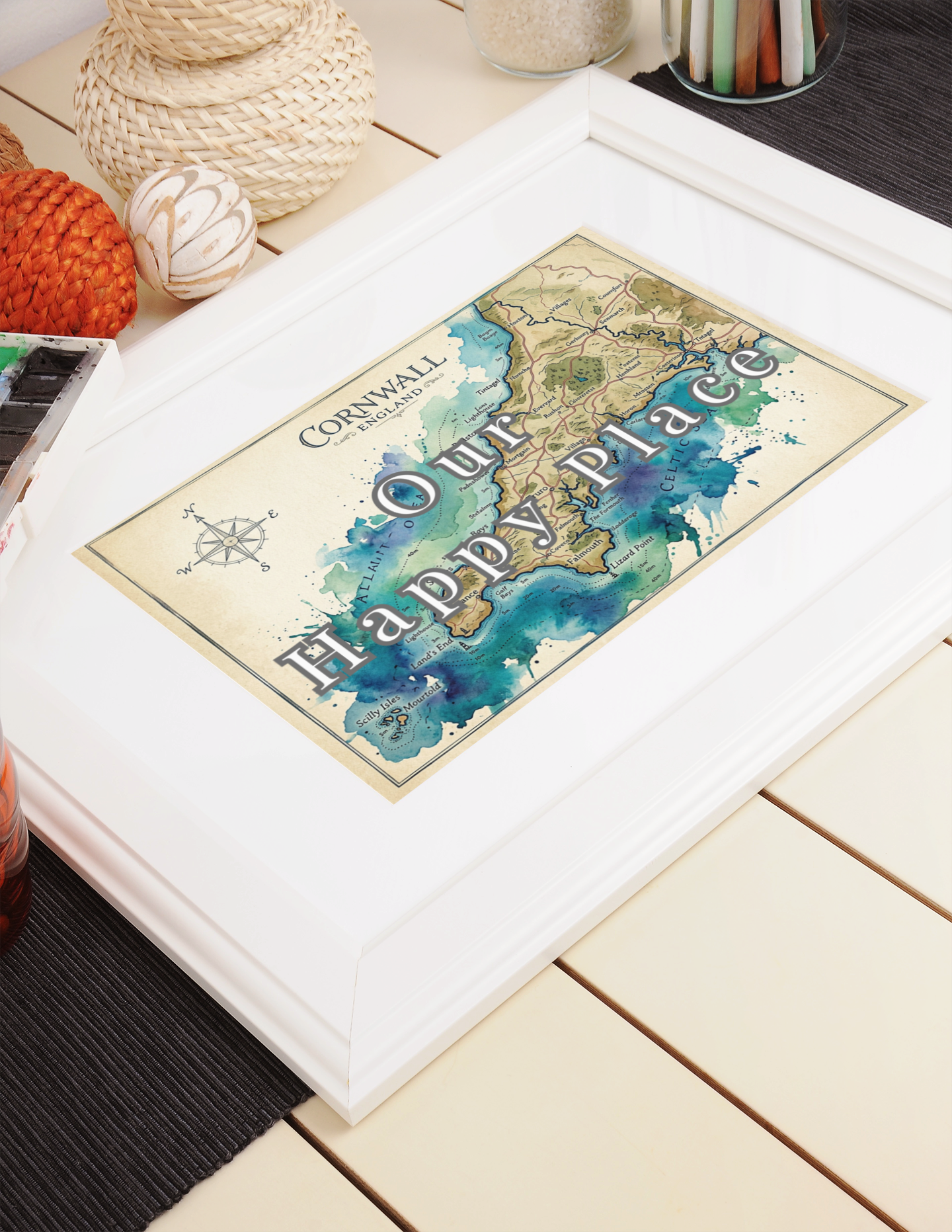 Cornwall Illustrated Map – “Our Happy Place” Coastal Wall Art