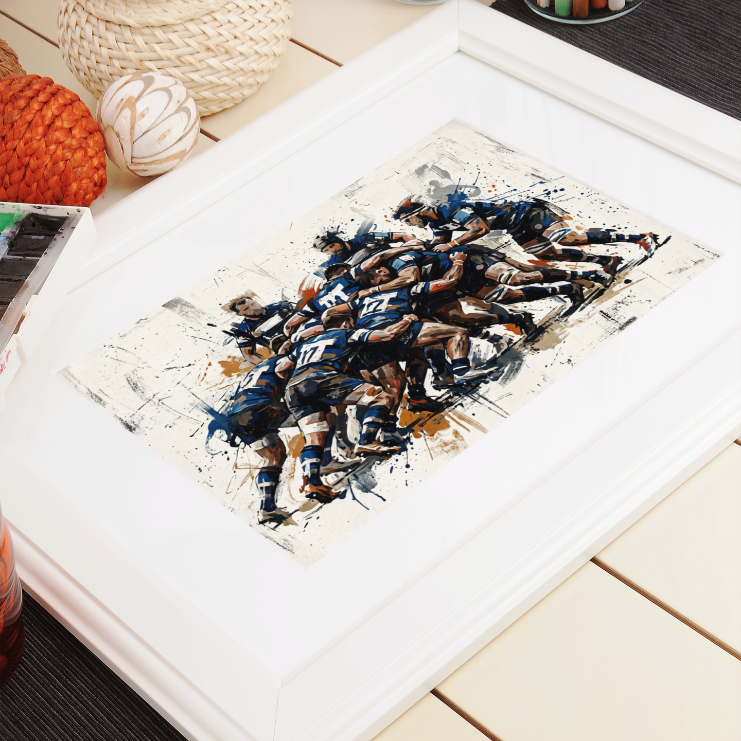 Bath Rugby Inspired Scrum Art Print – Dynamic Blue & White Expressive Sports Artwork