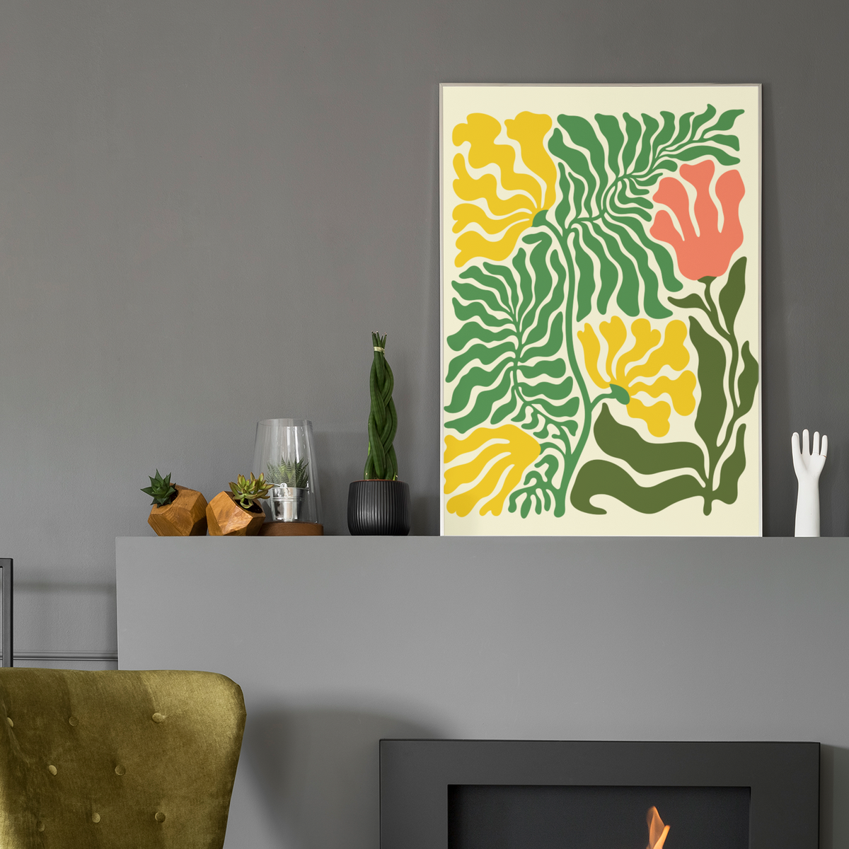 Framed abstract floral art print featuring yellow, coral and green wavy motifs