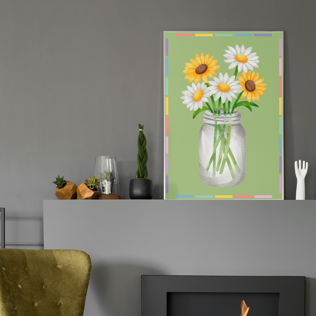 Framed floral art print with sunflowers and white daisies in a gray jar