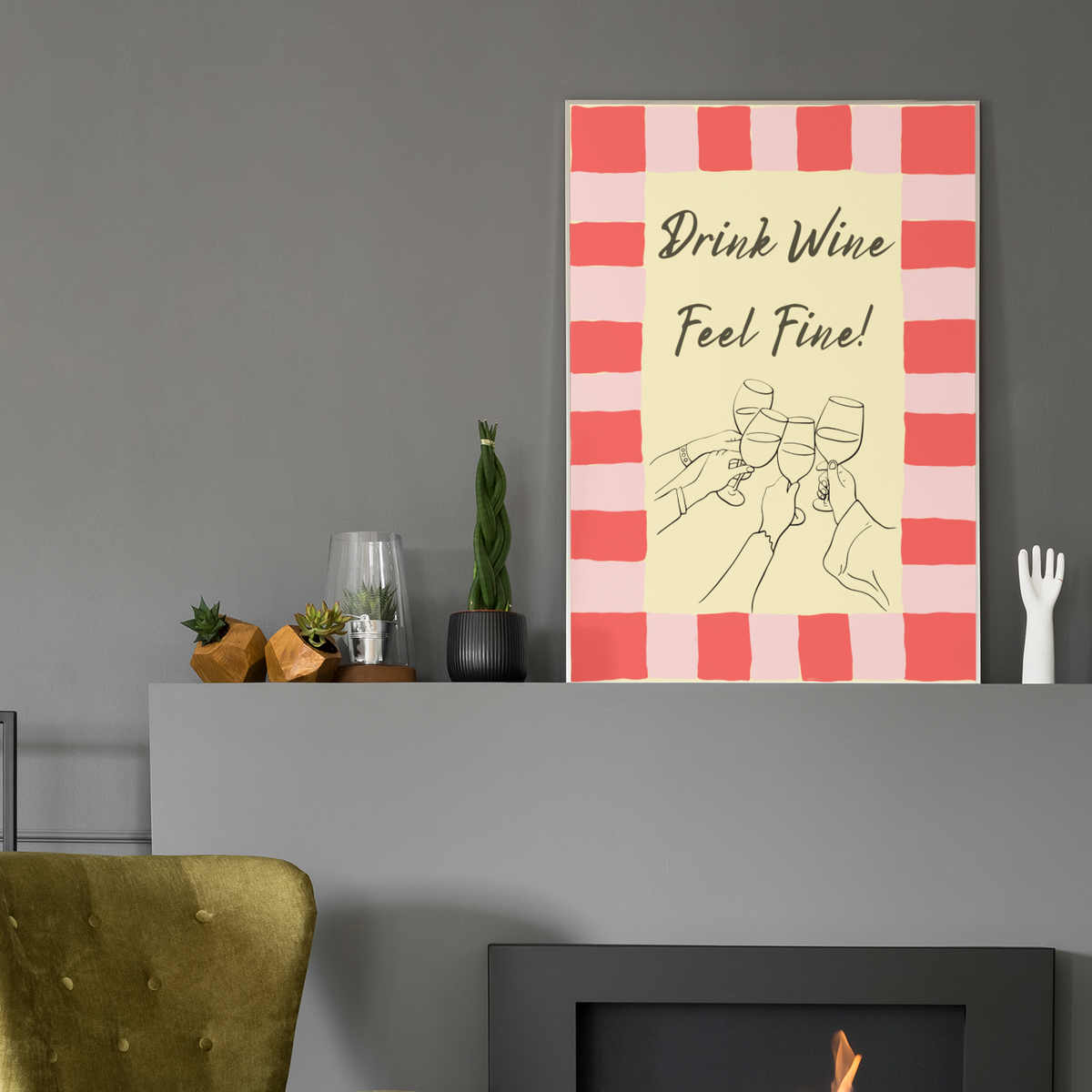Square quote art print with red checker border, cursive text, and line wine-glass figures
