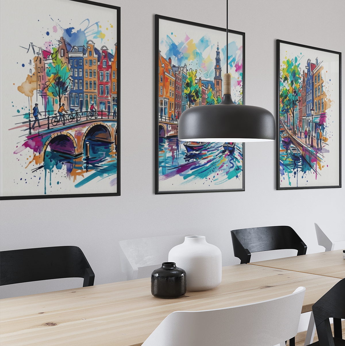 Amsterdam Triptych Art Print – One Image Across Three Panels | Modern Coloursplash Amsterdam Wall Art
