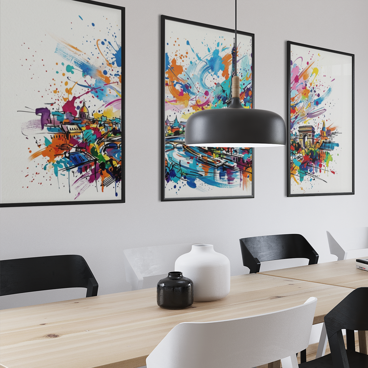 Paris Landmark Triptych – Expressive Modern Wall Art