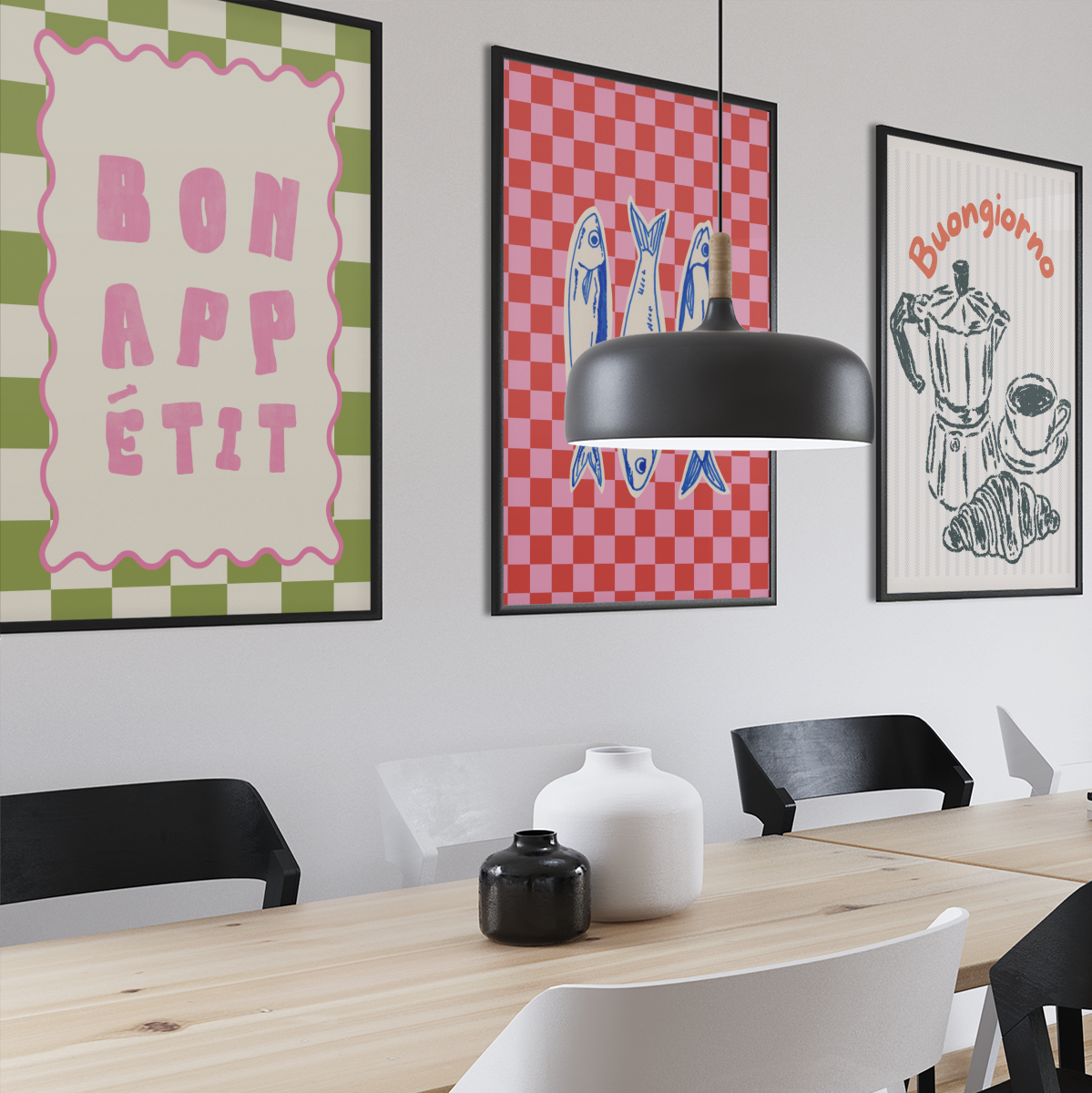 Framed three-fish checkerboard art print on wall, red and pink checker pattern