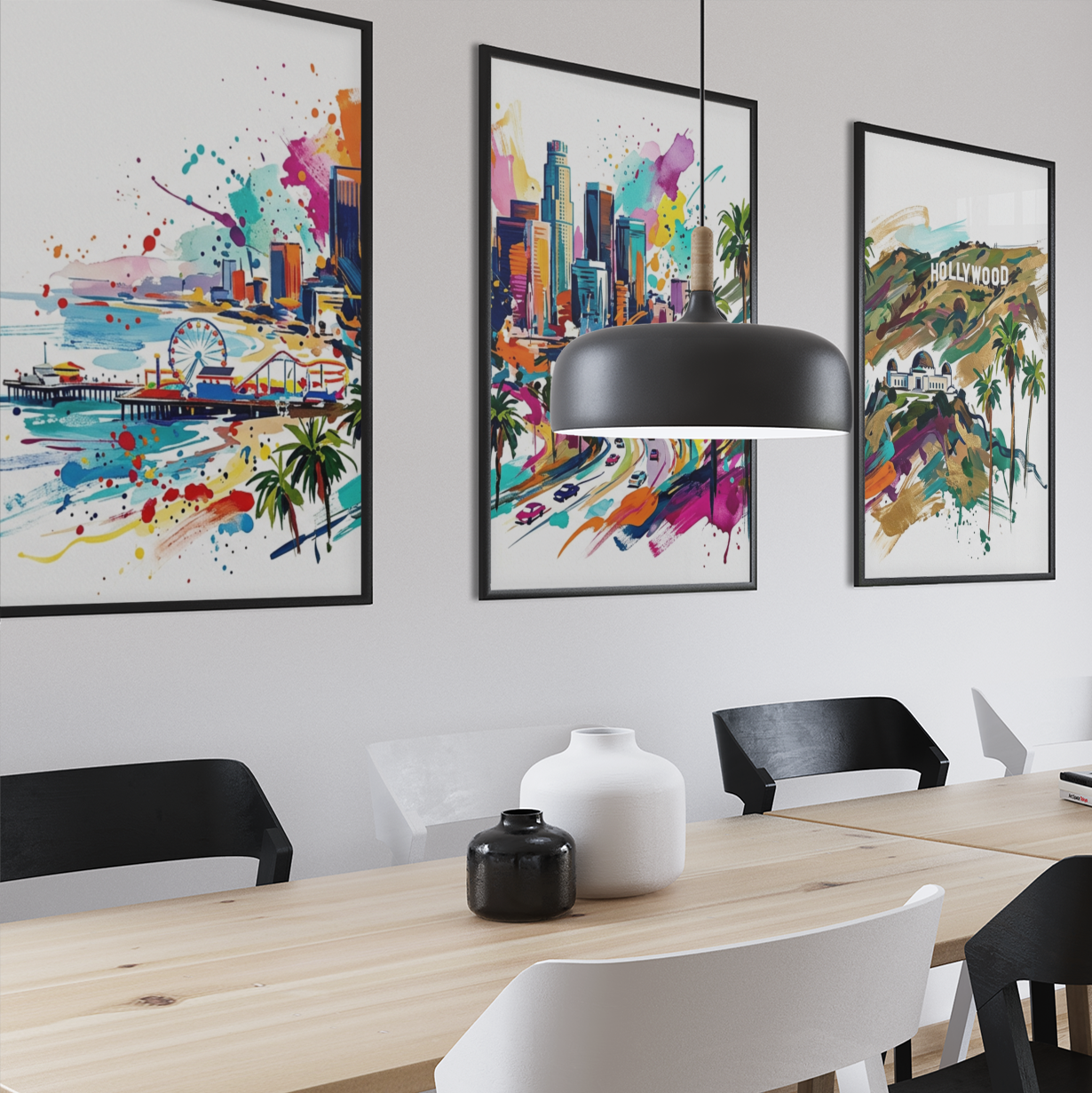 LA Coloursplash Triptych – Expressive California Cityscape Art – One Image Across Three Panels