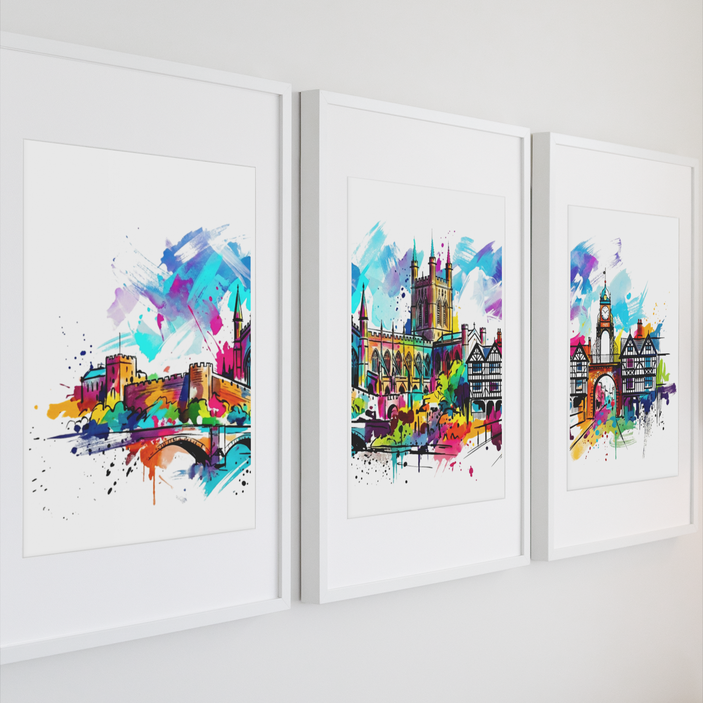 Chester Triptych Art Print – One Image Across Three Panels | Modern Coloursplash Historic Cityscape