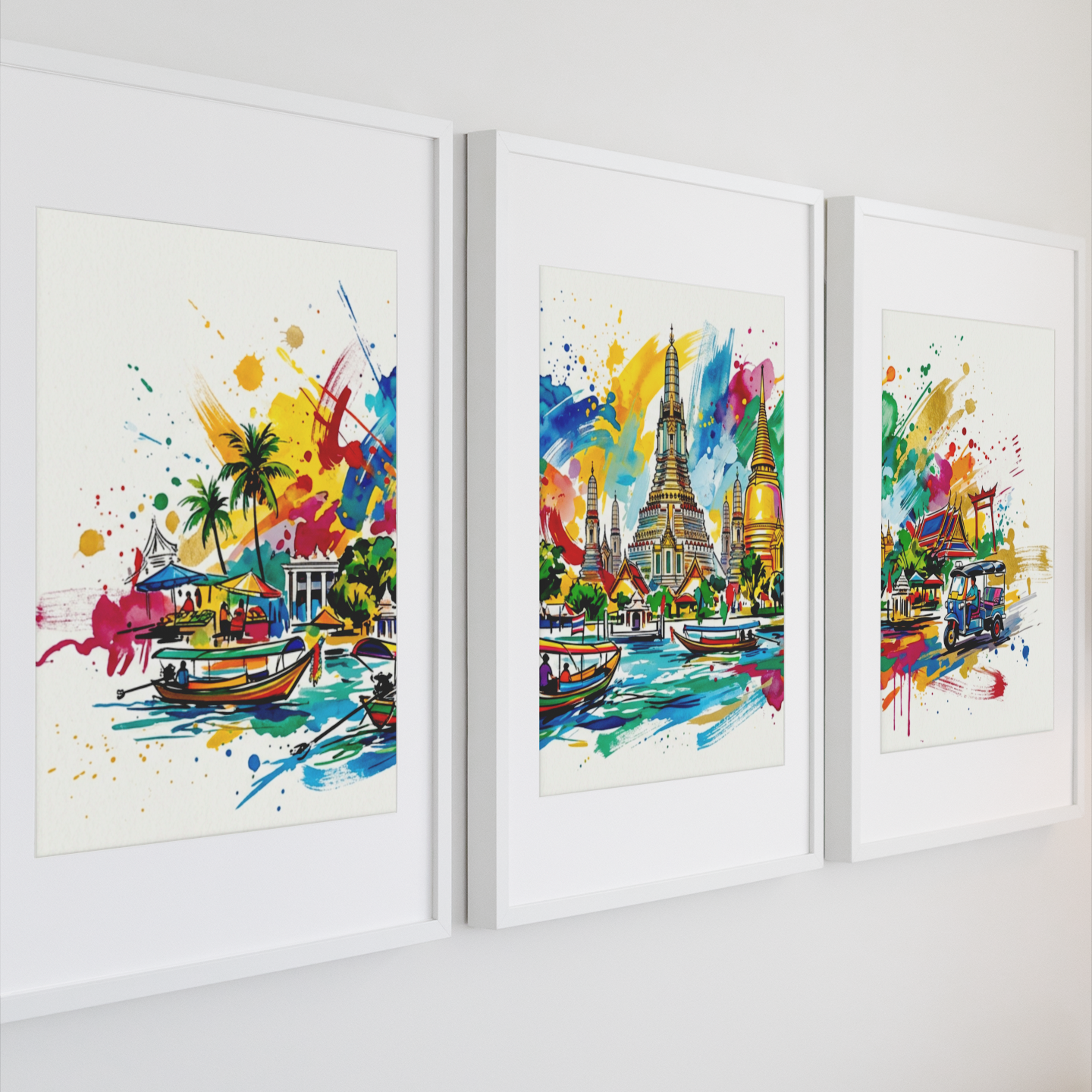 Thailand Temple & Tuk‑Tuk Triptych – Colourful Travel Art