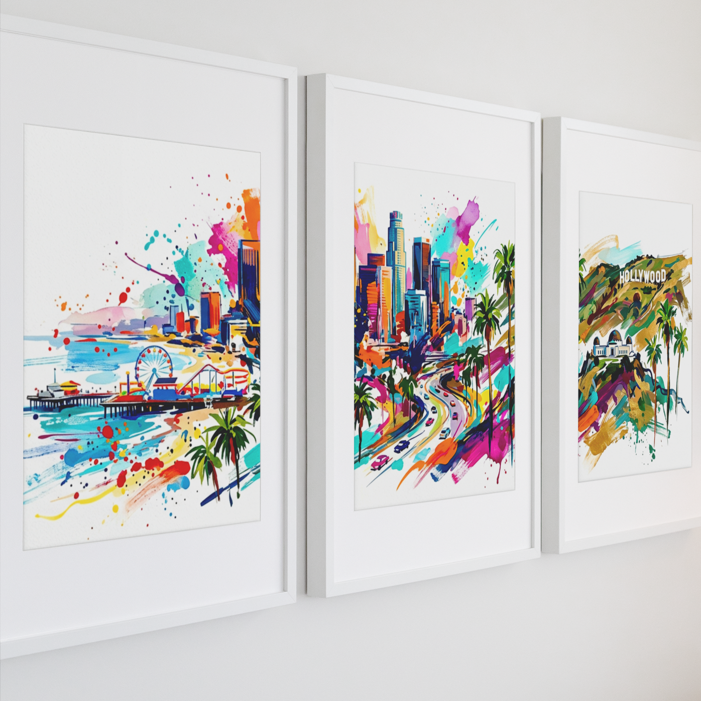 LA Coloursplash Triptych – Expressive California Cityscape Art – One Image Across Three Panels