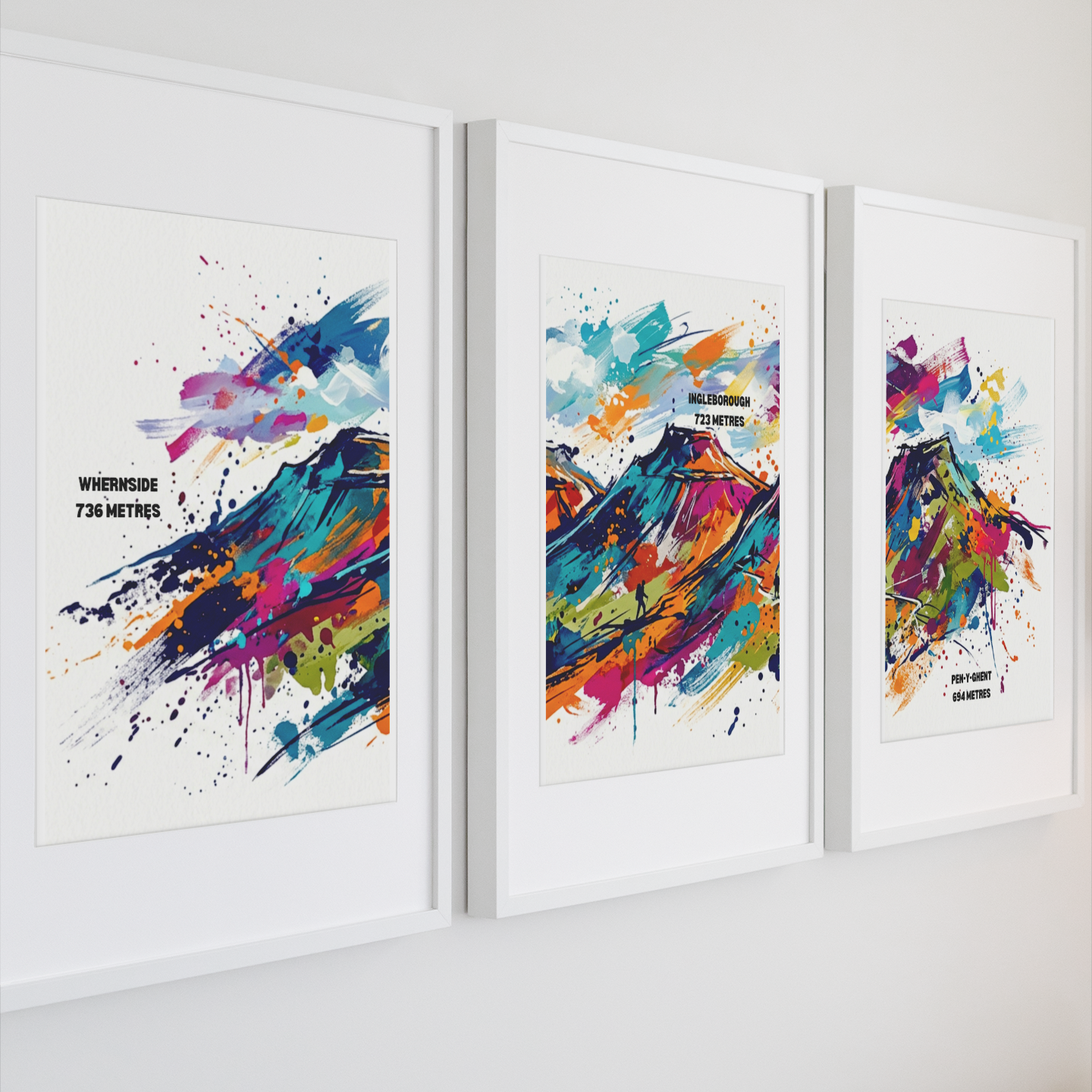 Yorkshire 3 Peaks Triptych Art Print – Whernside, Ingleborough & Pen‑y‑Ghent | Modern Coloursplash Landscape