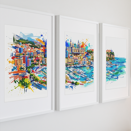 Monaco Triptych Art Print – One Image Across Three Panels | Modern Coloursplash Monte Carlo Coastline