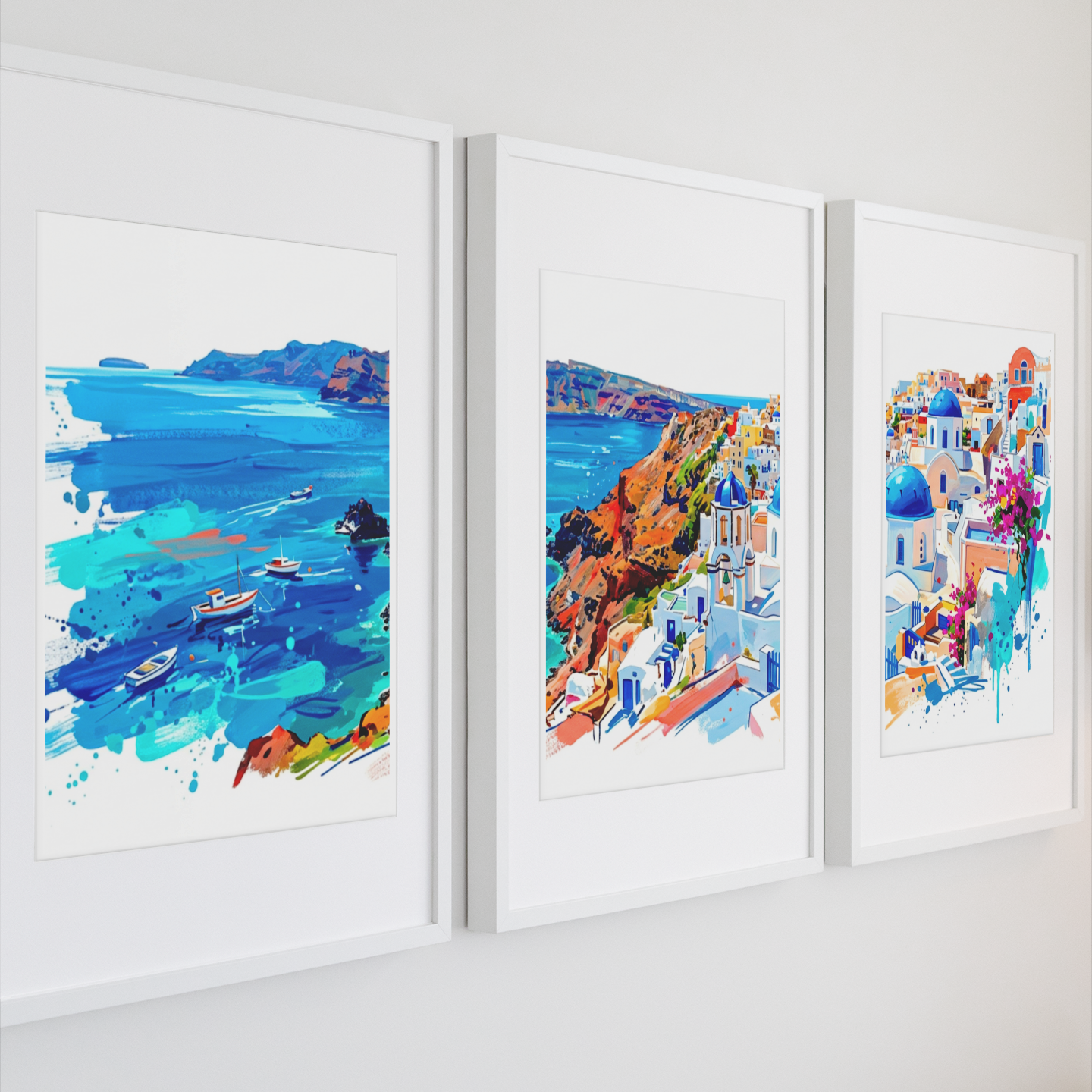 Santorini Triptych Art Print – One Image Across Three Panels | Modern Coloursplash Mediterranean Landscape