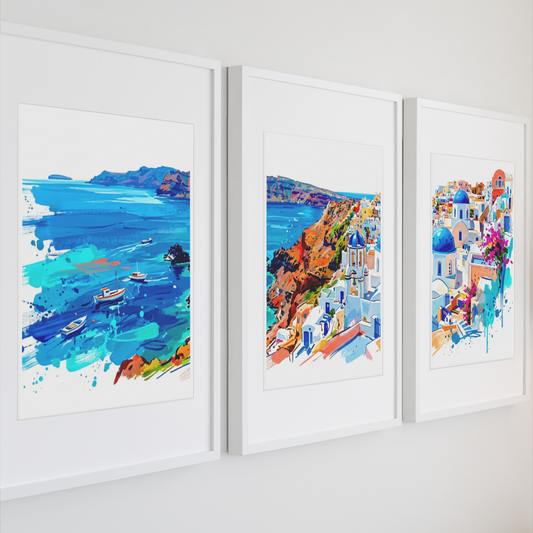 Santorini Triptych Art Print – One Image Across Three Panels | Modern Coloursplash Mediterranean Landscape