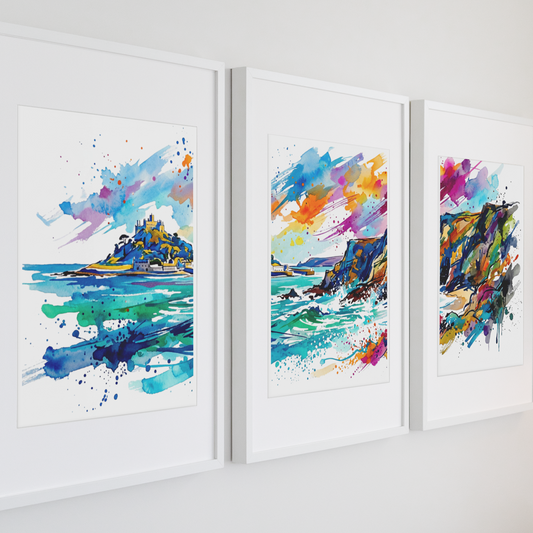 Cornish Coast Triptych Art Print with St Michael’s Mount – One Image Across Three Panels | Modern Coloursplash Cornwall Landscape