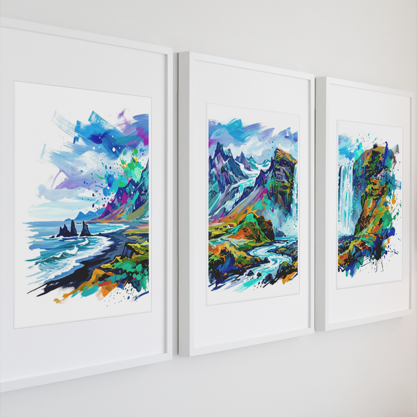 Iceland Triptych Art Print – One Image Across Three Panels | Modern Coloursplash Nordic Landscape