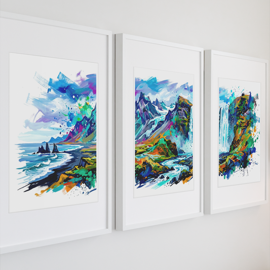 Iceland Triptych Art Print – One Image Across Three Panels | Modern Coloursplash Nordic Landscape