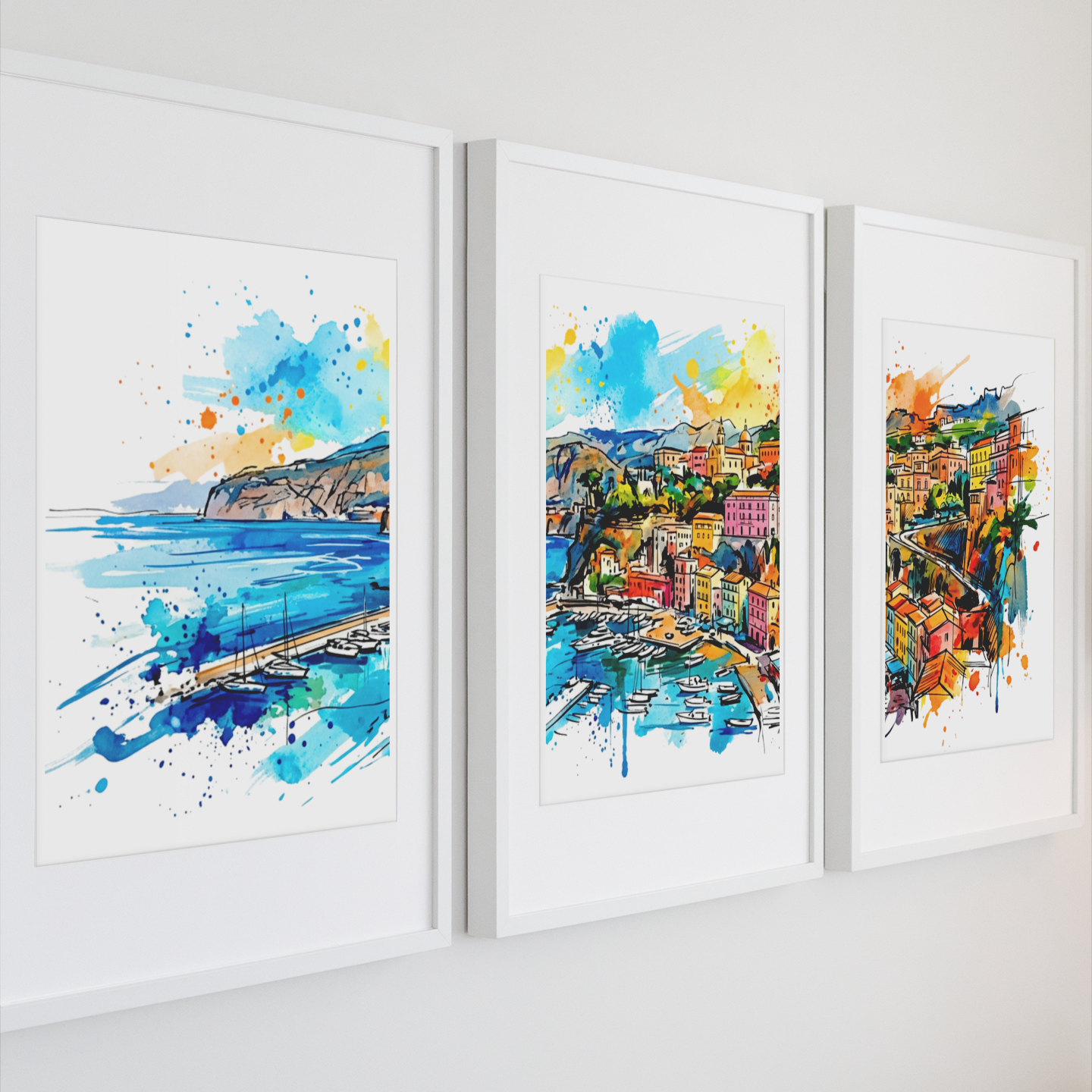 Sorrento Triptych Art Print – One Image Across Three Panels | Modern Coloursplash Mediterranean Coastline