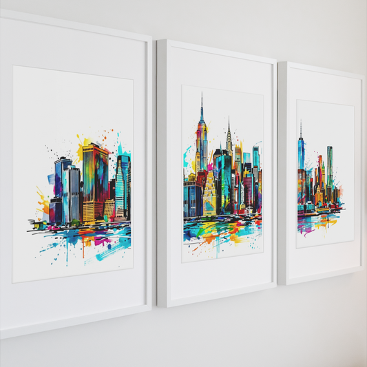 Manhattan Skyline Triptych Art Print – One Image Across Three Panels | Modern Coloursplash New York Cityscape