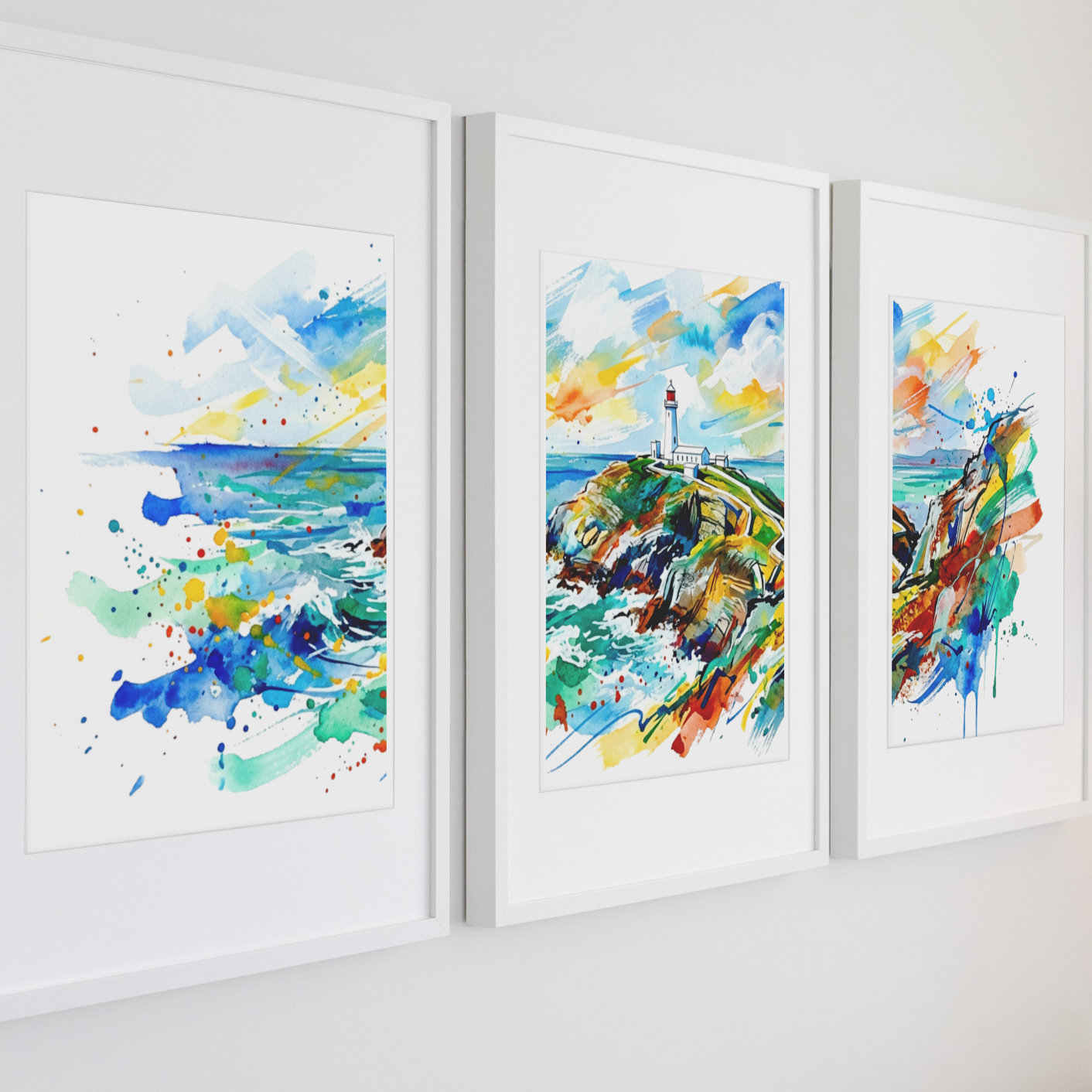 South Stack Lighthouse Triptych Art Print – One Image Across Three Panels | Modern Coloursplash Anglesey Coastline