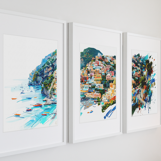 Positano Triptych Art Print – One Image Across Three Panels | Modern Coloursplash Mediterranean Coastline