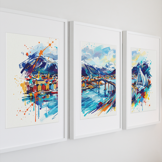 Tromsø Triptych Art Print – One Image Across Three Panels | Modern Coloursplash Nordic Landscape