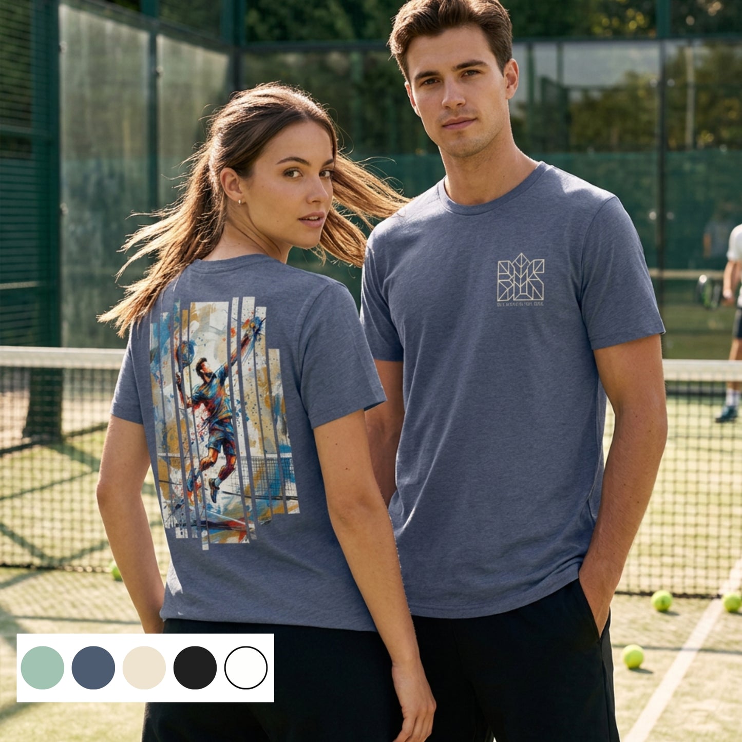 Dark heather blue athletic T-shirt, crew neck, short sleeves, front logo and back graphic