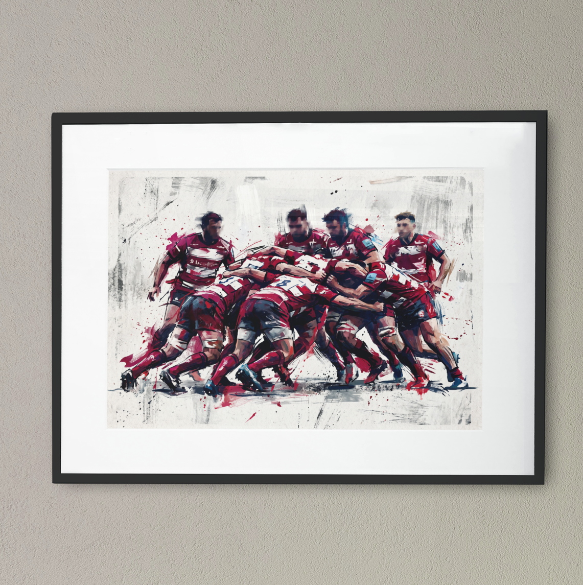 Gloucester Rugby Inspired Scrum Art Print – Dynamic Red & White Expressive Sports Artwork