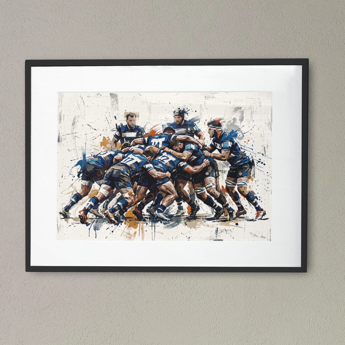 Bath Rugby Inspired Scrum Art Print – Dynamic Blue & White Expressive Sports Artwork