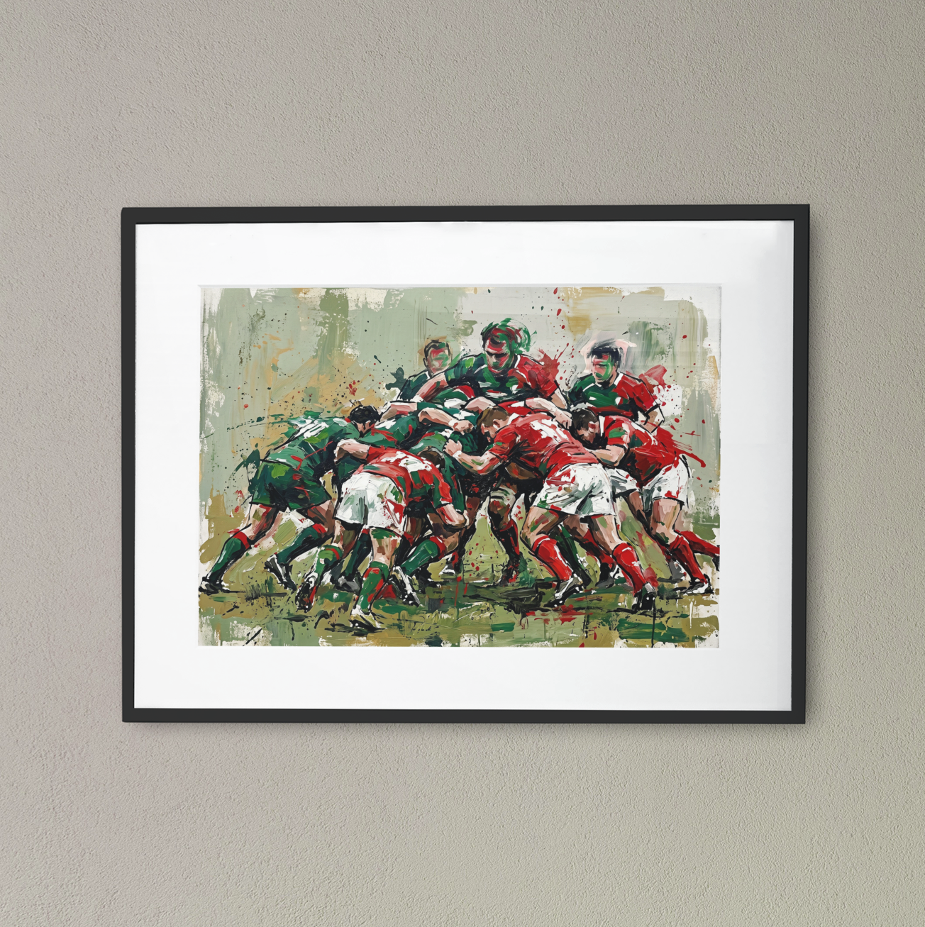 Leicester Tigers Inspired Scrum Art Print – Dynamic Green & Red Expressive Sports Artwork