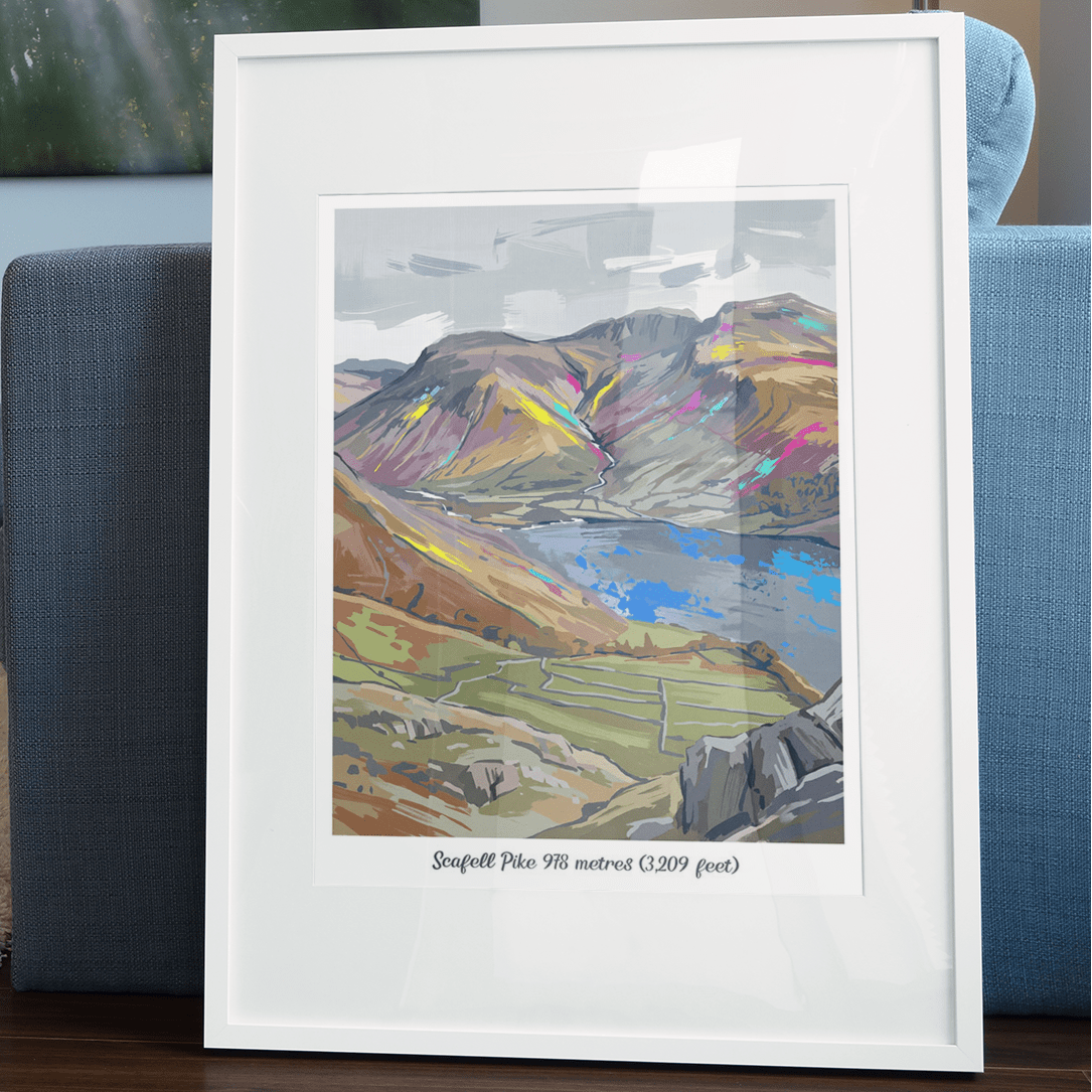 White framed mountain and lake landscape art print with multicolor brushstroke style
